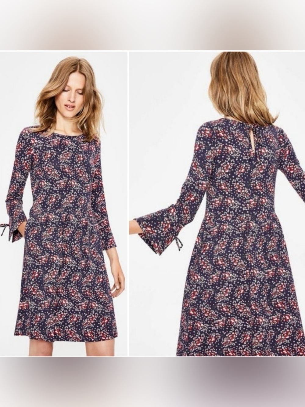 Boden Posie Jersey Dress  knee length floral Bell Sleeve Pockets stretch size 6